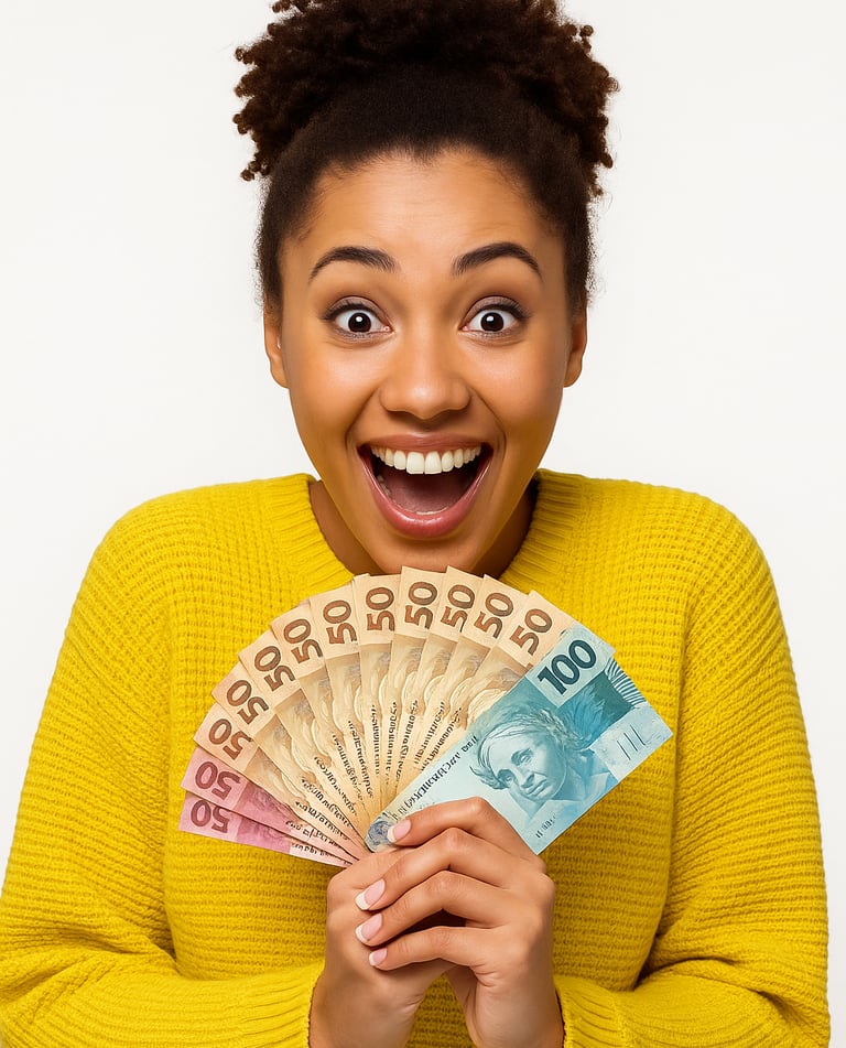 a woman holding a stack of money bills