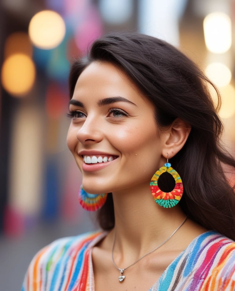 A vibrant display of colorful handmade necklaces with red, green, and white beads on a rustic wooden table.