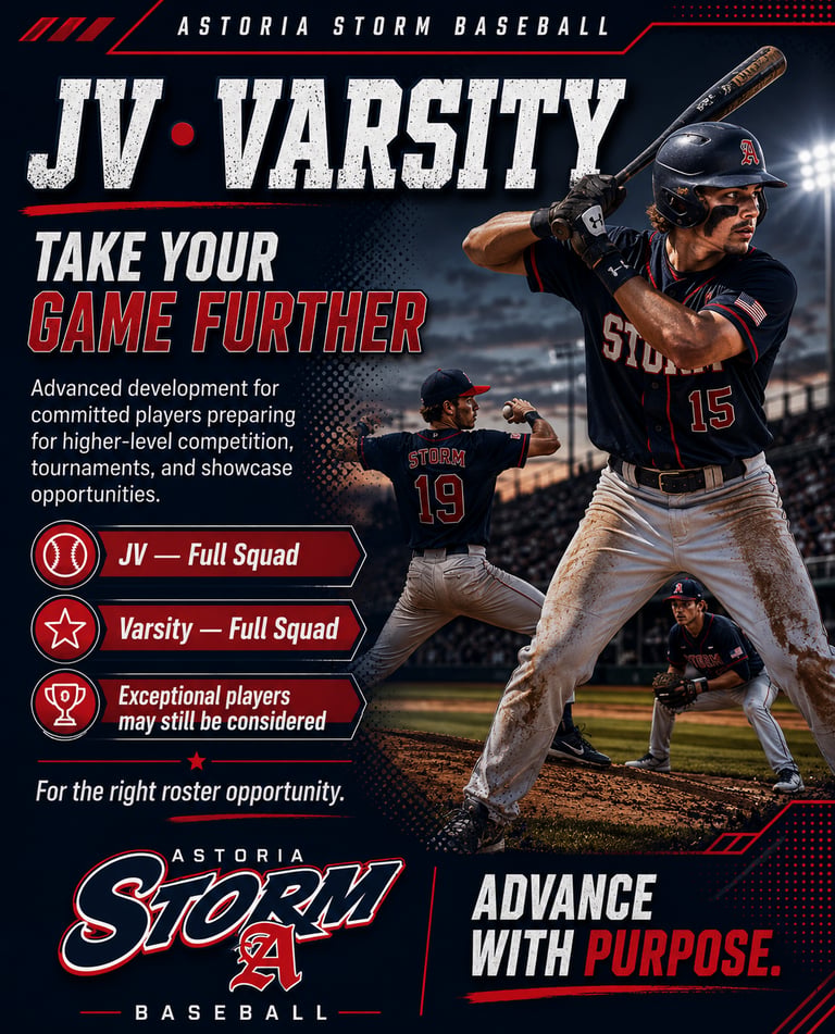 Astoria Storm JV and Varsity advanced baseball programs and tryouts