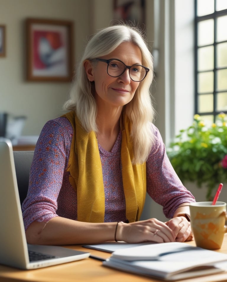 A vibrant workspace with colorful design tools and a laptop showing a sublimation project.