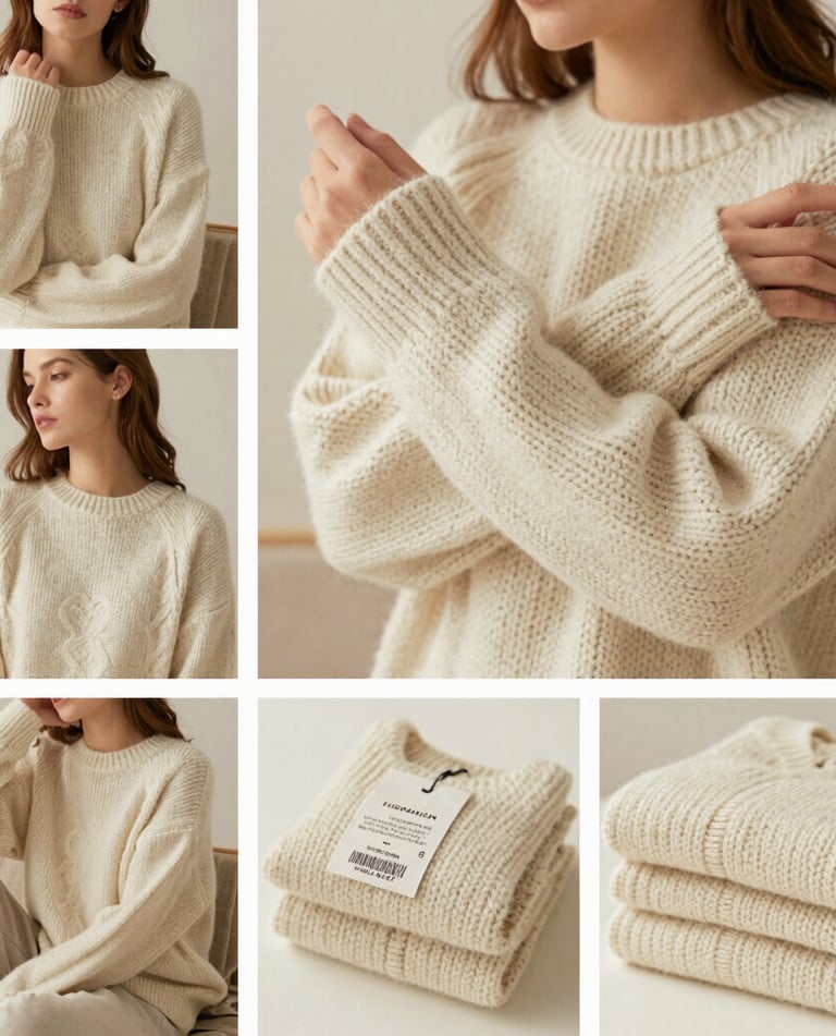 A cozy flat lay of soft, earth-toned sustainable sweaters folded neatly on a wooden table.