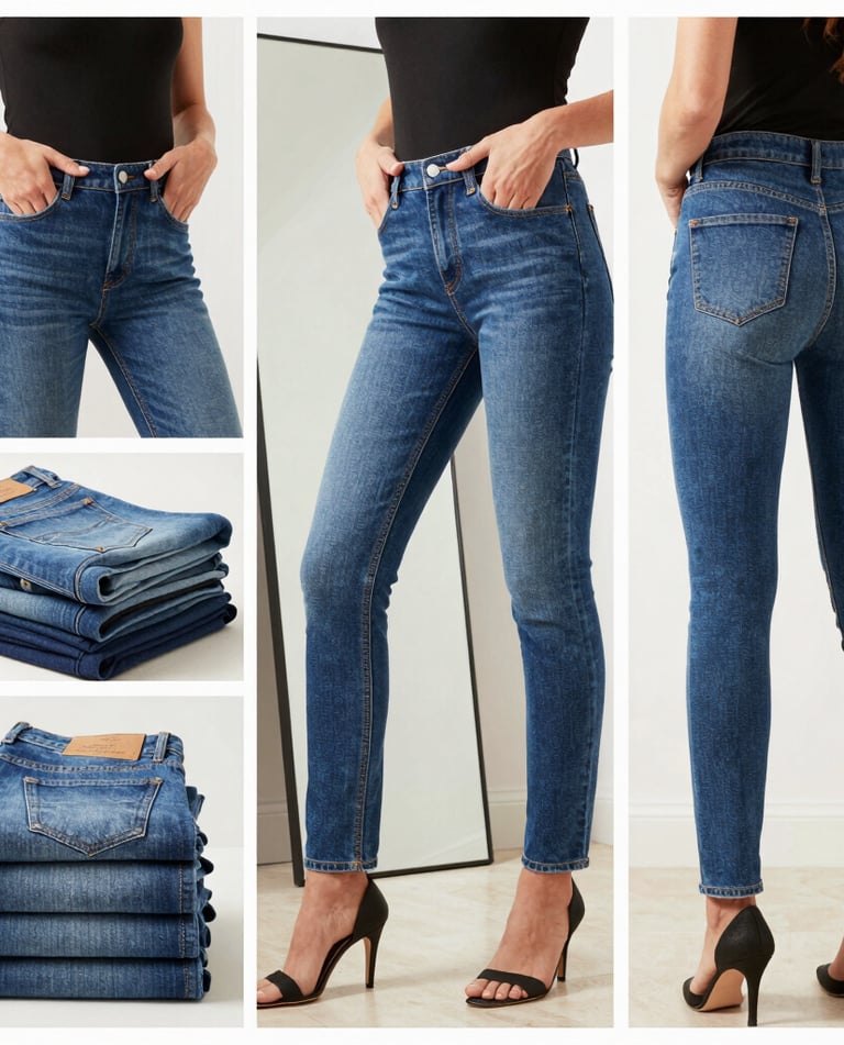 Close-up of a pair of well-crafted, eco-friendly denim jeans hanging on a rustic rack.