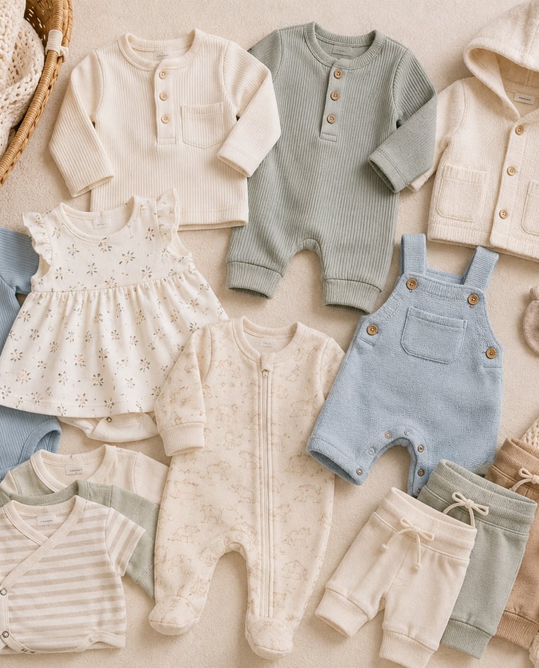 A collection of neutral baby clothes, including ribbed onesies, rompers, and knit sets for newborns.