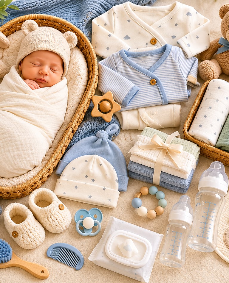 Flat lay of newborn baby essentials including organic cotton swaddles, clothes, and a sleeping infant in a wicker bassinet.