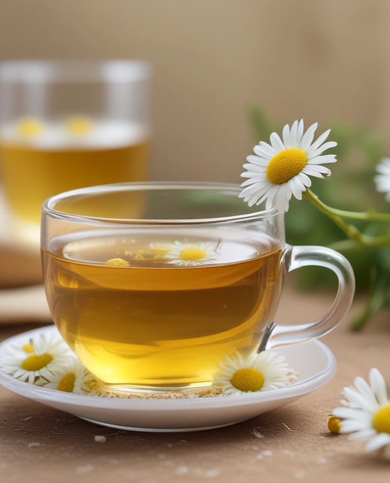 Elegant close-up of a steaming cup of chamomile tea with soft cream and sage green background
