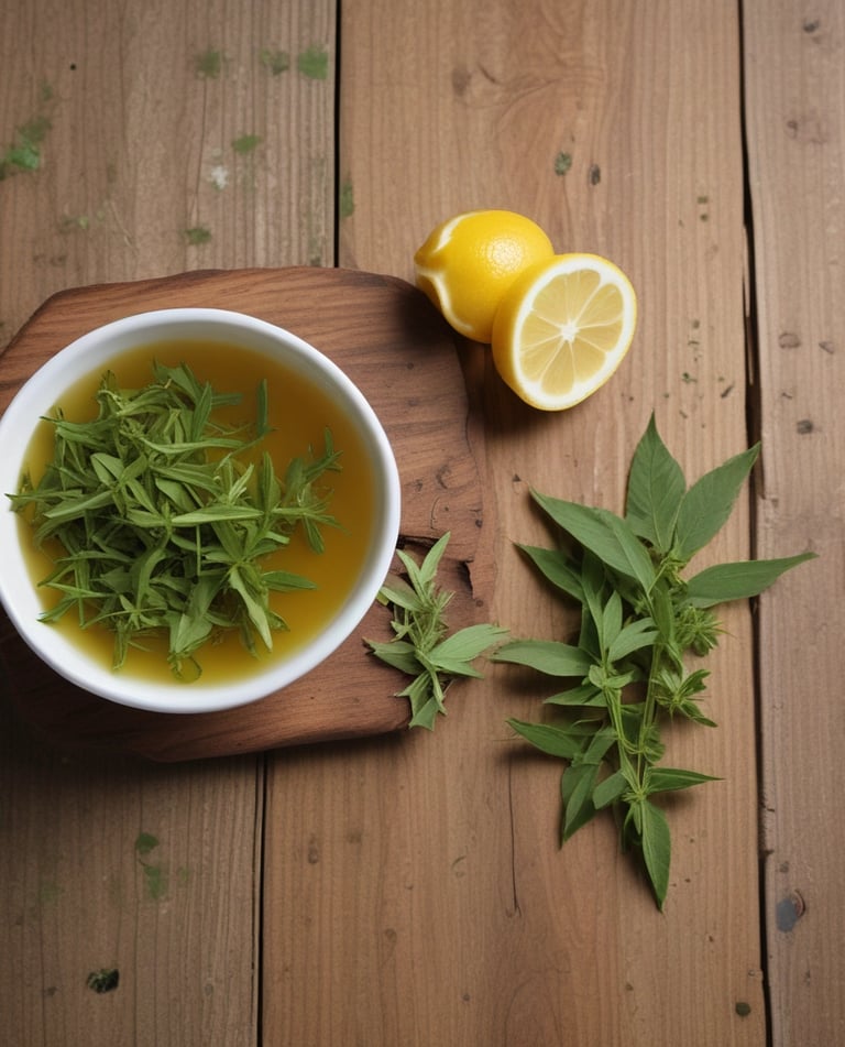 Minimalist photo of lemon verbena leaves beside a warm beige ceramic teacup