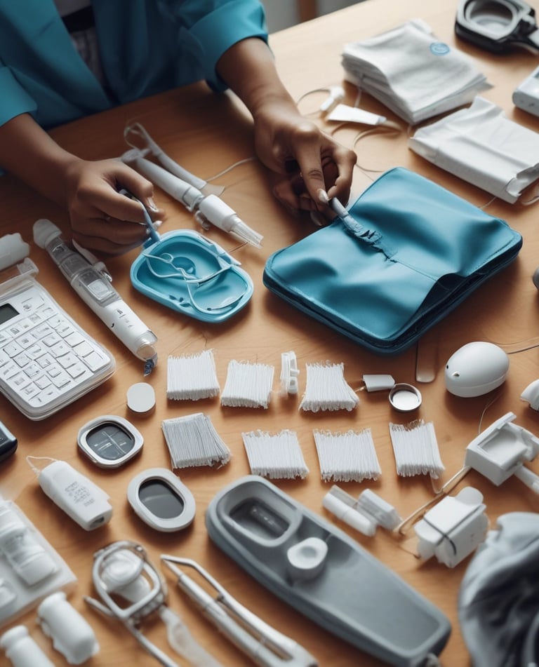 A table with medical supplies including cotton balls, disposable syringes, and hand sanitizers.