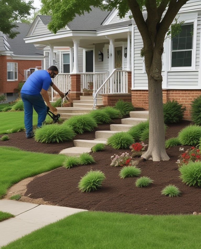Two workers are engaged in landscaping activities in front of a modern building. The scene is sunny and features several palm trees and well-maintained greenery. A pile of soil is present, and a white van is parked nearby.