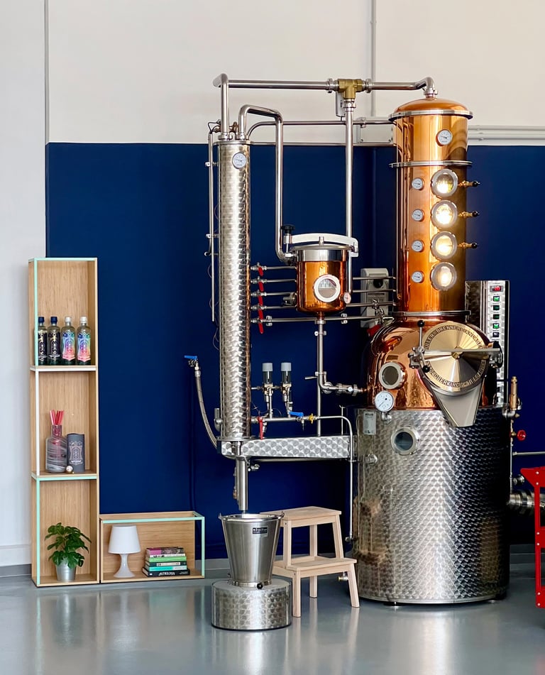 alambicco di rame e scaffalatura in legno su sfondo con pareti blu