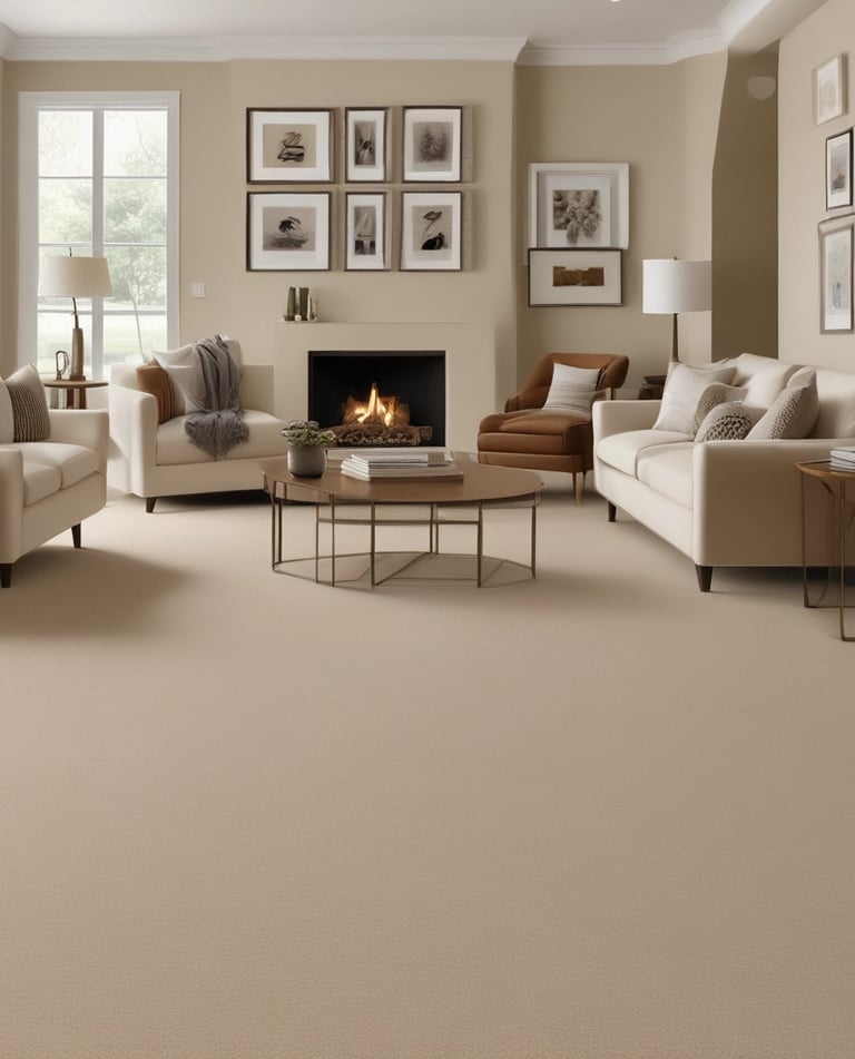 A retail store interior featuring a large selection of rolled-up carpets and rugs displayed on shelves and tables. Several hanging lamps provide lighting to the area, and a variety of carpet styles and colors are visible. The shelving units are neatly organized with packaged flooring products, and a large sign displaying product information is visible.