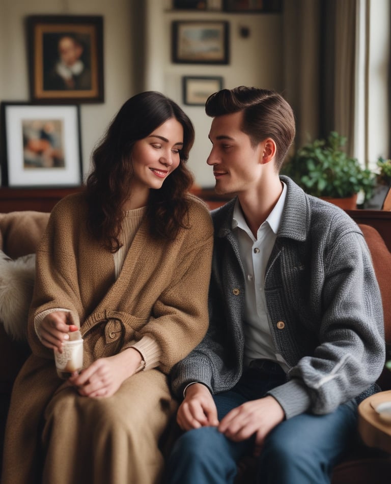A cozy scene showing a couple wearing exclusive Valentine's Day themed t-shirts.