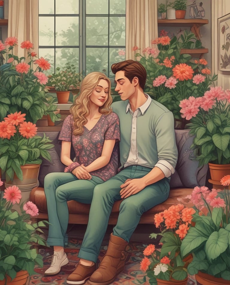 A cozy scene showing a couple wearing exclusive Valentine's Day themed t-shirts.