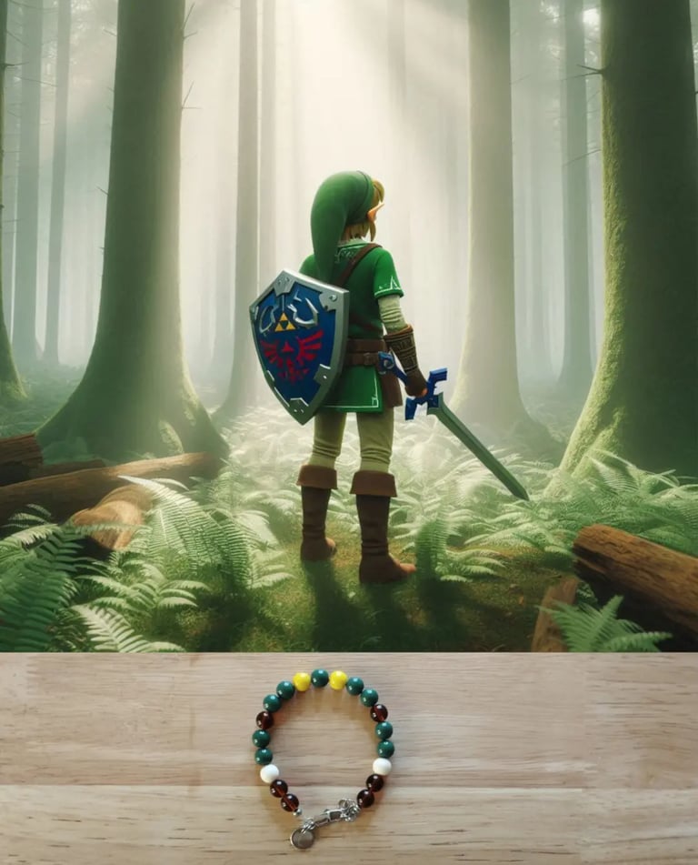 Link en tenu verte de dos avec son bouclien et son épée et le bracelet aux couleurs de Link vert