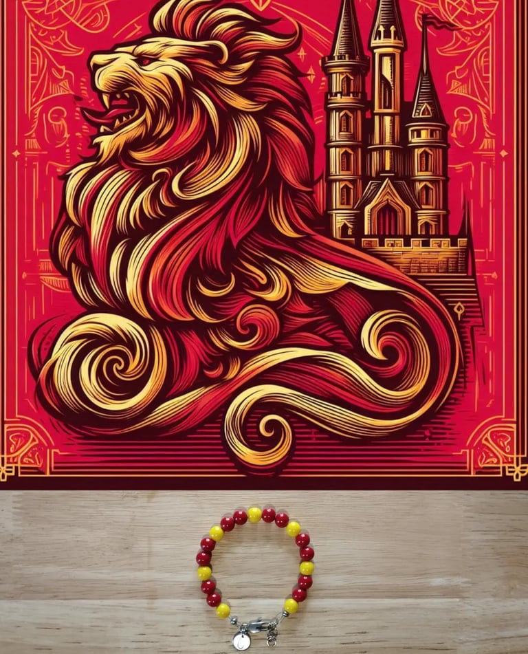Griffondor d'or et Poudlard en haut et le bracelet aux couleurs de griffondor en bas