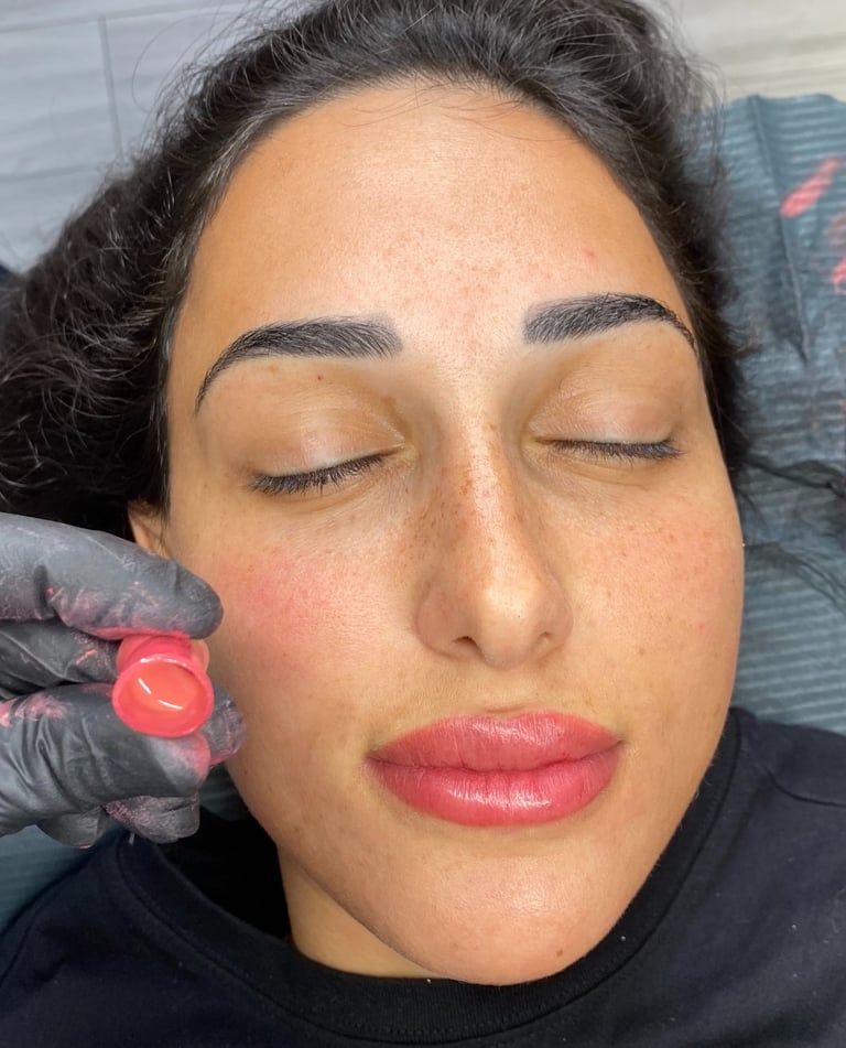 a woman with a lip blush and a black glove