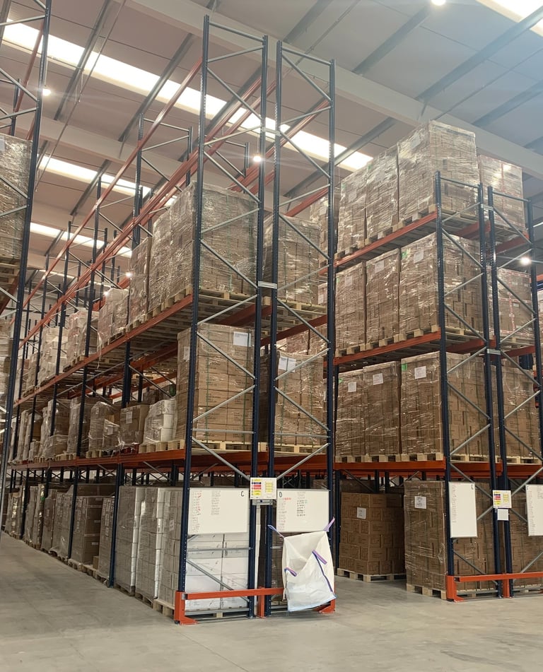 tall pallet racking in narrow aisle configuration with rack end protectors  