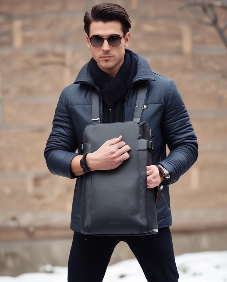 A sleek leather male handbag resting on a rustic wooden table.