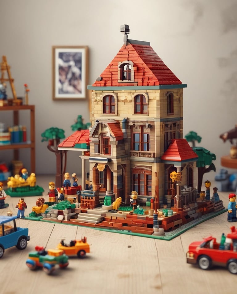 A brightly lit toy store aisle with shelves stocked with various boxed toys, including model cars, helicopters, building blocks, and plush toys. The shelves are organized with items of different shapes and colors, and the packaging features colorful designs and cartoon characters.