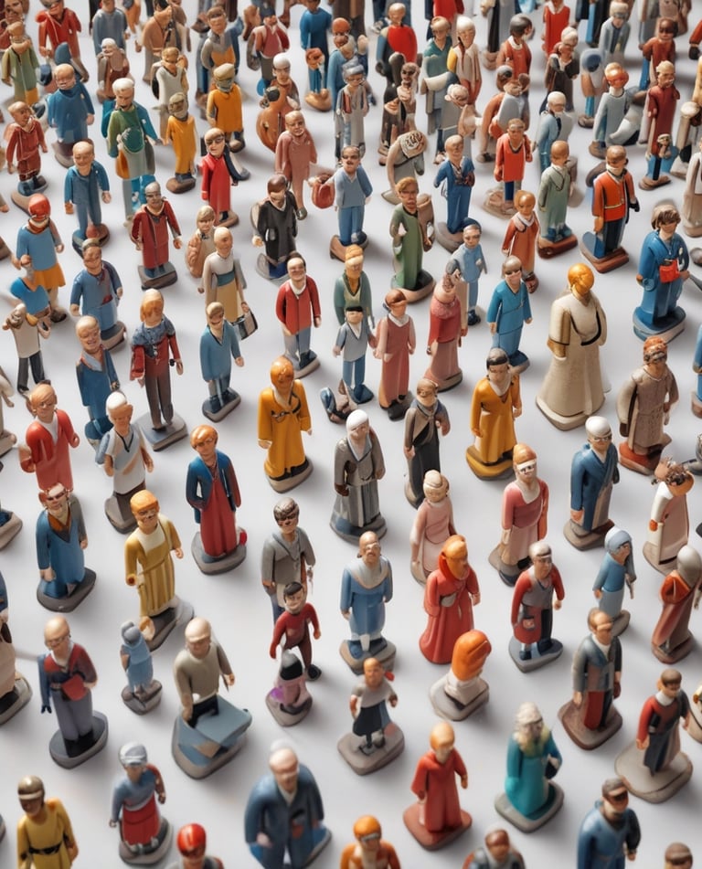 Brightly colored children's toys are scattered on a flat surface. There is a blue and yellow watering can, a yellow cylindrical container, a smiley face keychain, and two cards with illustrations of cartoon girls. Additional toys include a yellow ball, a cookie cutter, and a red ball.