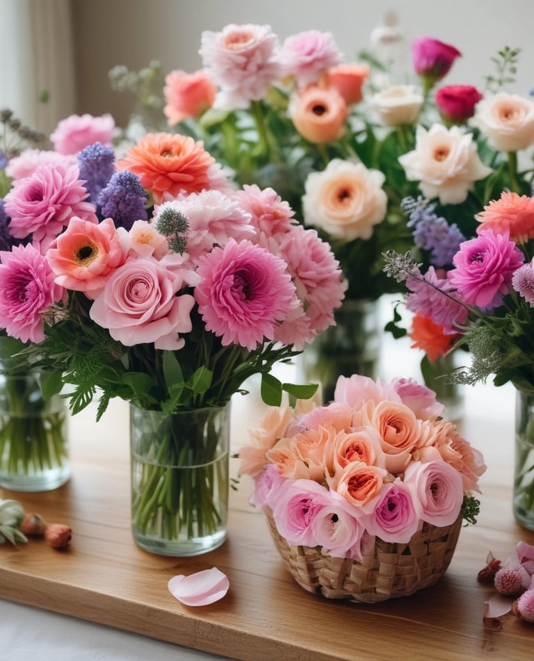 A vibrant floral shop display featuring a wide variety of colorful flowers arranged in vases and wrappings. The arrangement includes shades of pink, purple, orange, and white flowers, surrounded by lush green foliage. The setting is warm with exposed brick walls and decorative elements like wreaths and a neon sign.