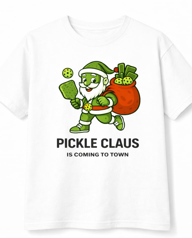 White t-shirt featuring a green Santa Claus pickleball cartoon with Pickle Claus Is Coming To Town text.