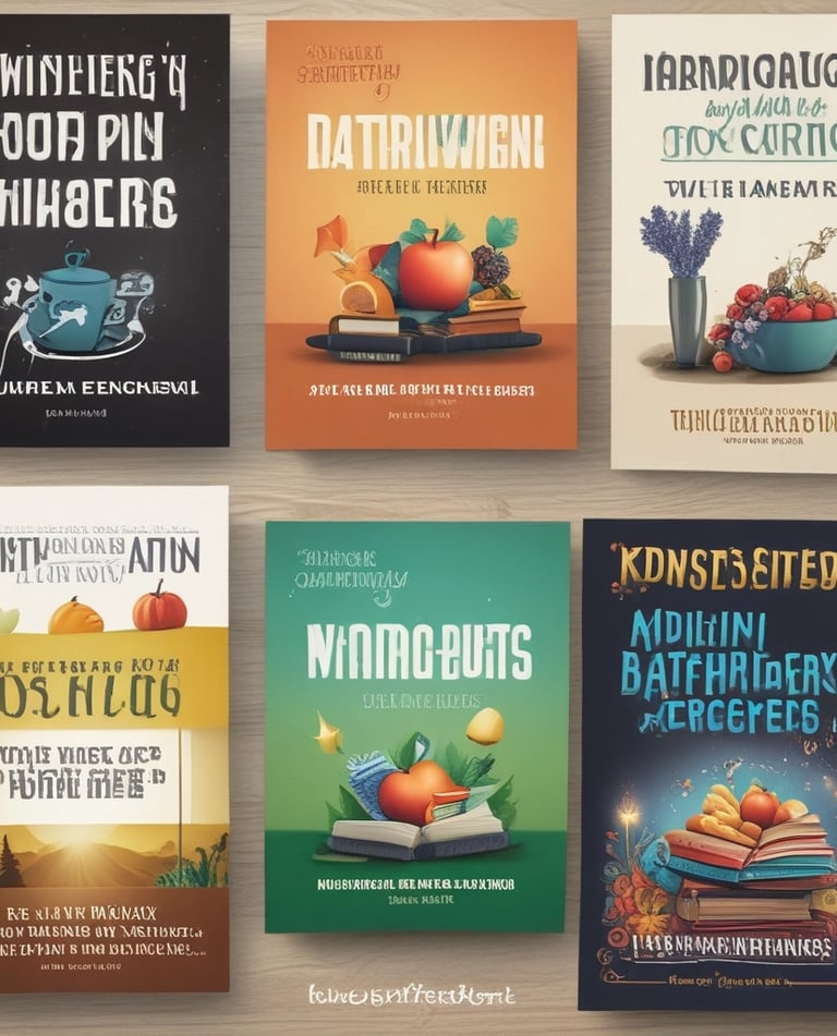 A vibrant collage of digital products including ebooks, website themes, and online course thumbnails displayed on a laptop screen.