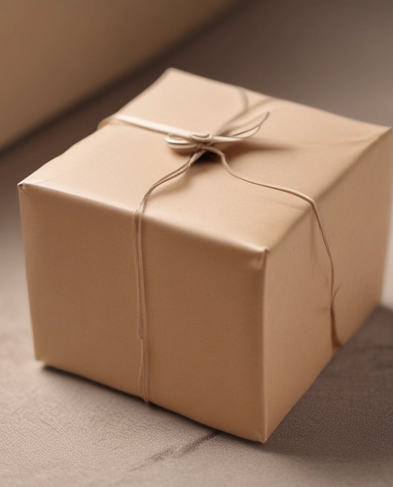 Close-up of hands unboxing an elegantly wrapped monthly subscription package.