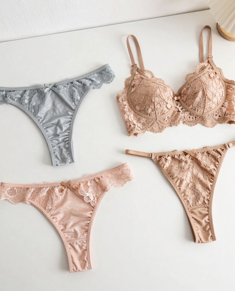 Rose gold themed lingerie set displayed on a soft fabric background