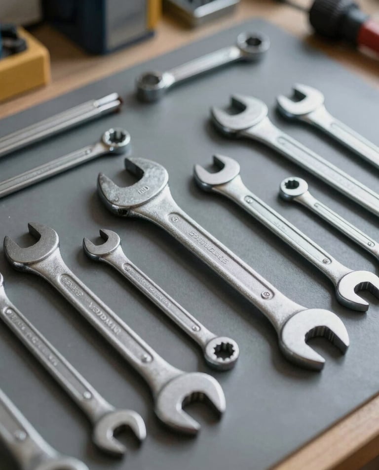 Close-up of various metal screws and bolts arranged neatly on a wooden surface.
