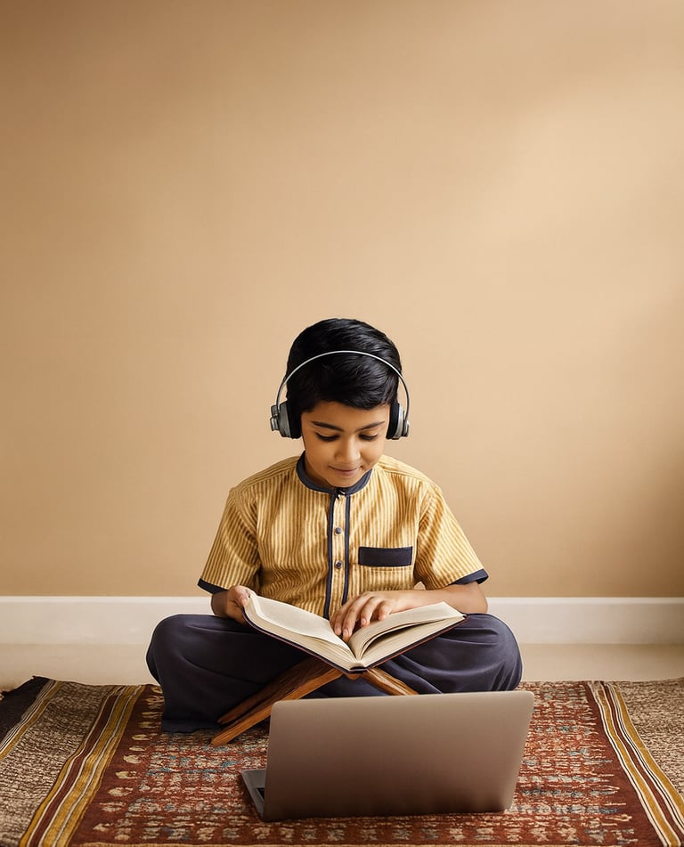 Student attending an online Quran class at Everdeen Academy.