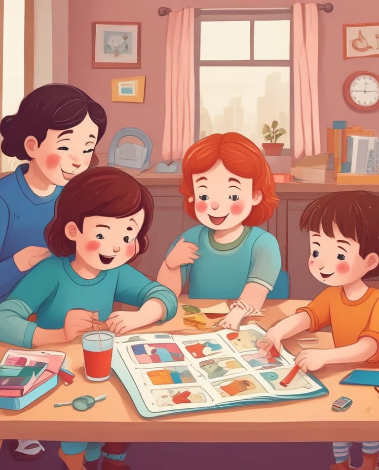 A cozy workspace with a laptop displaying colorful digital educational materials for children.