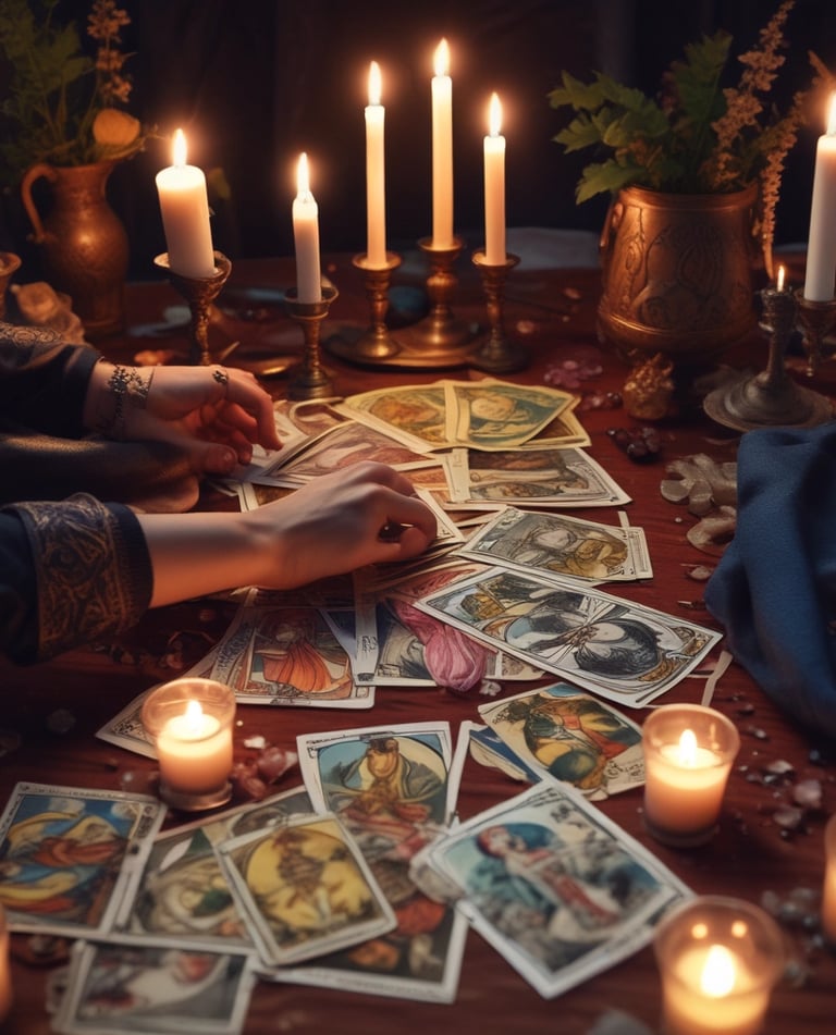 A serene ritual setup with candles and crystals.