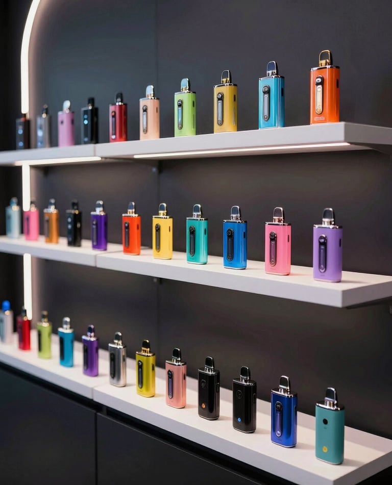 A sleek display of premium vape devices and accessories arranged neatly on a wooden shelf.