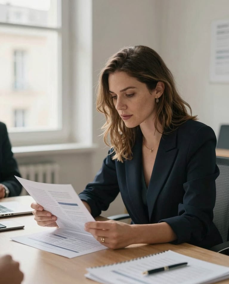 Audrey Beurnier in a working moment at a meeting table in a bright Aix-en-Provence office, reviewing a printed communication plan with a client, soft natural window light from the left, relaxed and focused atmosphere, no posed portraiture