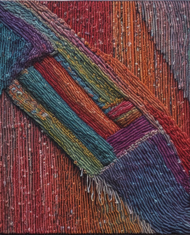 Close-up of detailed embroidery and needle craft pieces in rich textures.