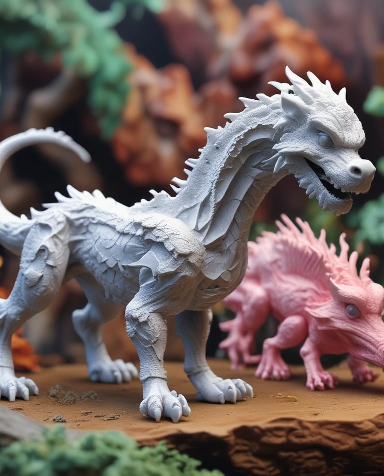 A vibrant display of colorful 3D printed figurines arranged on a wooden shelf.