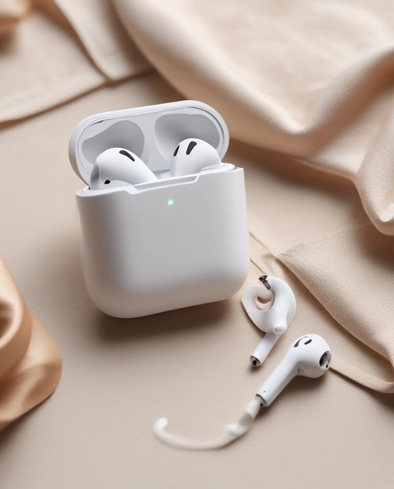 Close-up image of premium wireless earbuds resting on a black surface with subtle lighting emphasizing their texture.