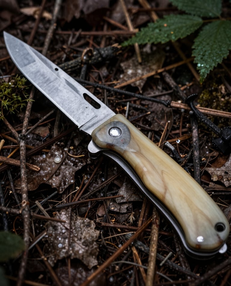 A sleek modern knife with a polished steel blade and ergonomic handle displayed against a dark background.