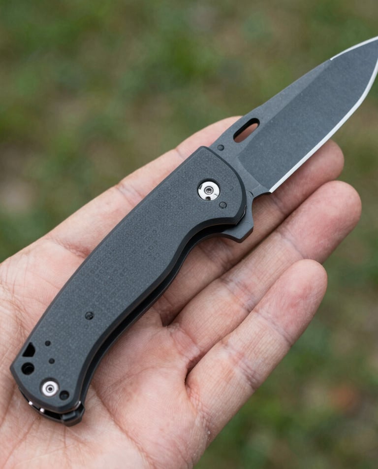 A close-up of a vintage folding knife with a worn wooden handle resting on a rustic wooden table.