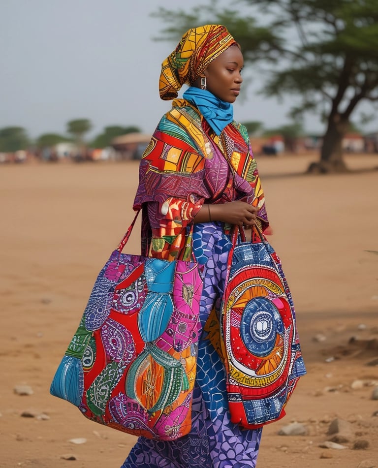 A person wearing a vibrant yellow and brown patterned traditional outfit, including a headwrap and matching dress. They are holding a brown handbag with gold chain details. The background is a solid light blue, and the person is accessorized with gold jewelry, including earrings and a necklace.