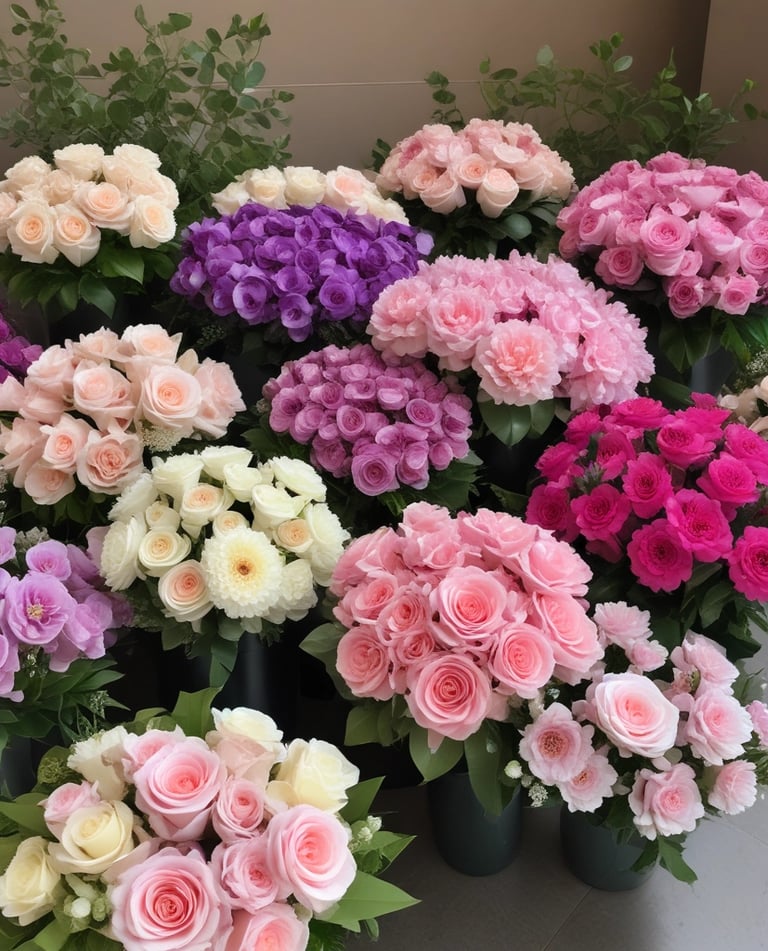 A vibrant display of colorful flower arrangements showcasing various categories.