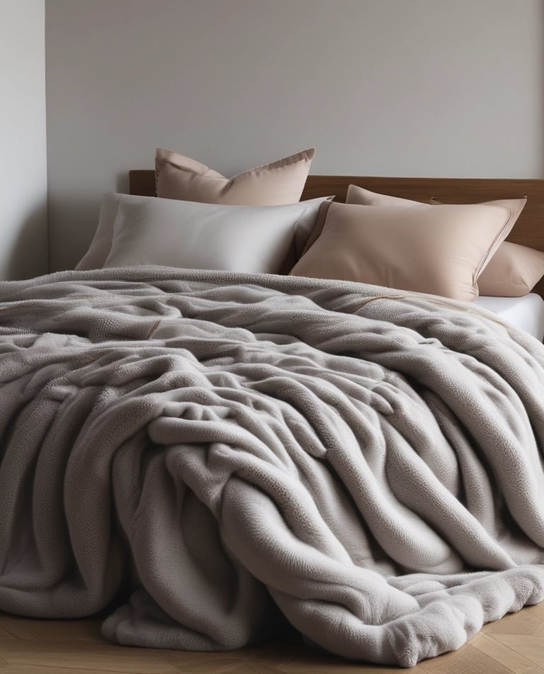 A close-up of soft, textured bedding fabrics.