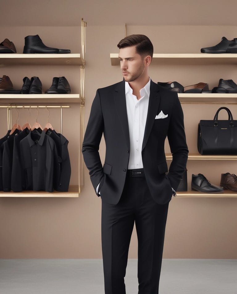 A fashion window display features an elegantly dressed mannequin seated amidst a luxurious setup. The mannequin wears a detailed lace dress and jewelry, surrounded by a variety of high-end handbags, accessories, and decorative elements. The setting conveys opulence with a vintage-styled chair, ornate shelving, and a warm color palette.