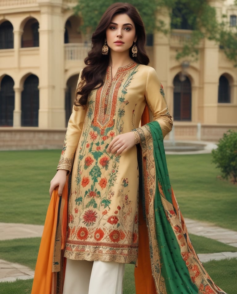 A stylish display of elegant Pakistani suits on hangers.