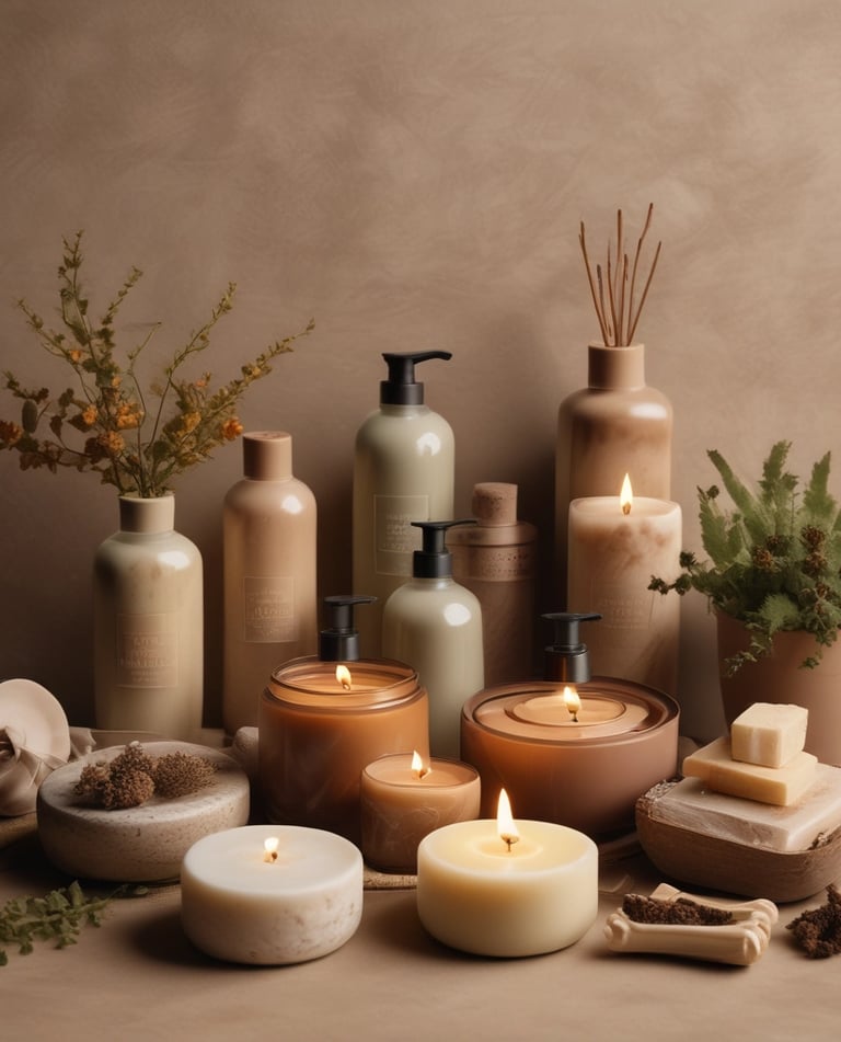 A collection of skincare products is artfully arranged on an olive green backdrop. Several cylindrical bottles and jars, some with labels, are prominently displayed. A large leaf is being held above the setup, adding a natural, organic element. Small rocks and green gummies are scattered around, enhancing the aesthetic presentation.