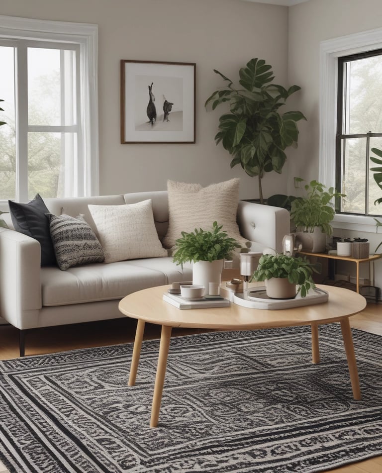 a living room with a couch and a rug