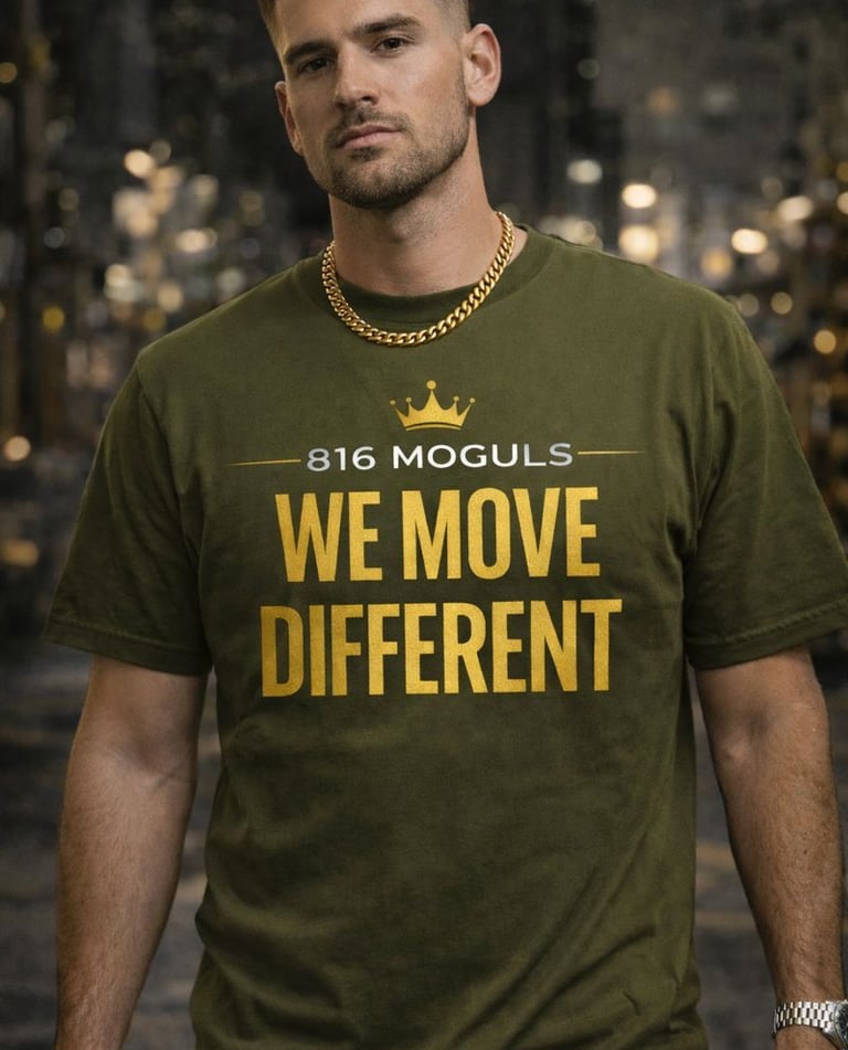 A man wearing an olive green 816 Moguls graphic t-shirt and a gold chain necklace.