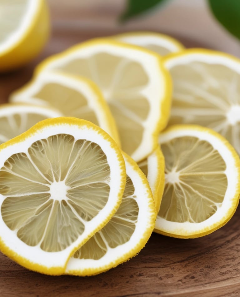 Close-up of vibrant dried lemon slices arranged on a white surface highlighting their crisp texture.