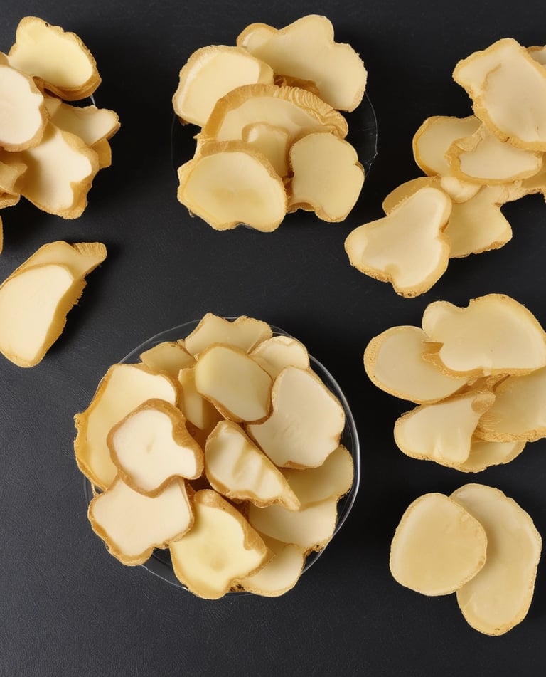 Artistic shot of dried ginger pieces with warm lighting emphasizing their natural golden hues.