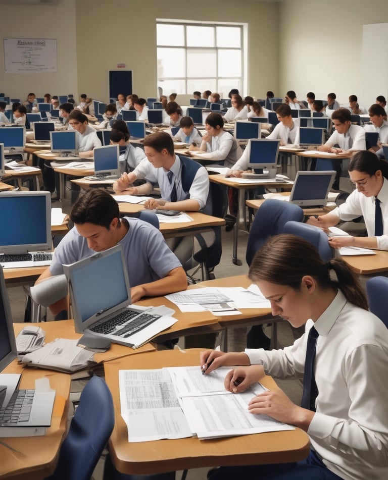 A focused student sitting at a desk with textbooks and a laptop, preparing for an English language exam.